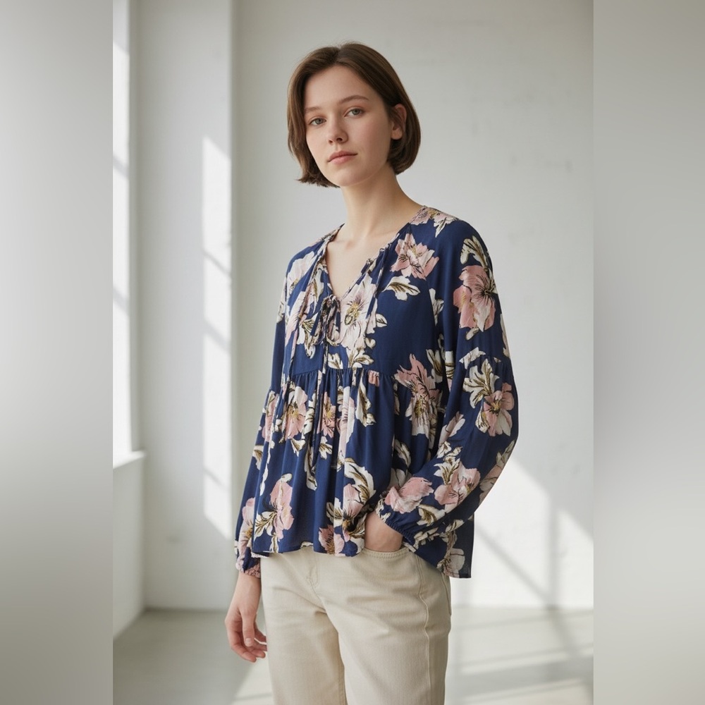 Altar'd State Navy & Pink Floral Oversized Blousy Top